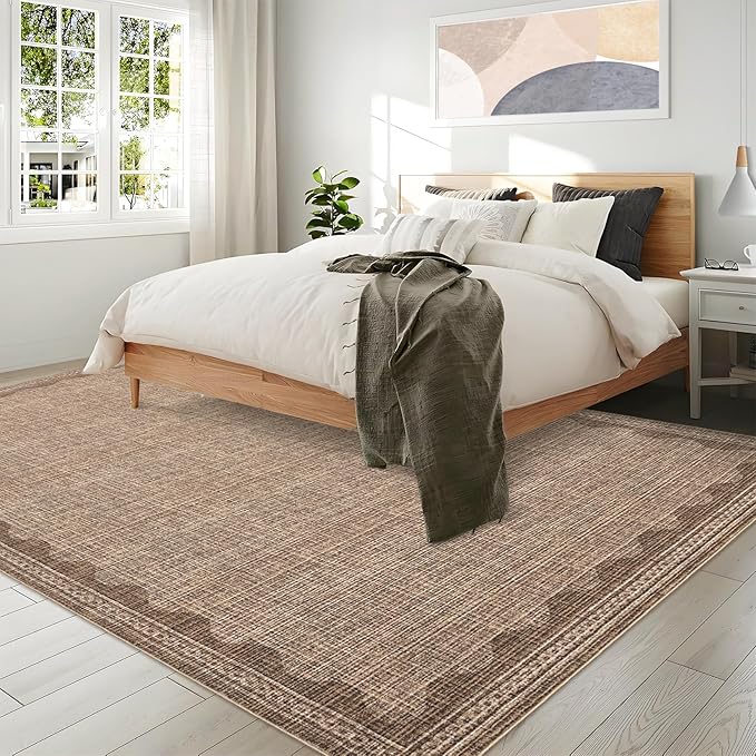 Scalloped Washable Rug 9x12 Area Rugs for Living Room, Solid Tan Rug for Bedroom Girls, Non Slip Throw Mat with Rubber Back, Soft Dorm Nursery 9x12 Carpet for Dining Room