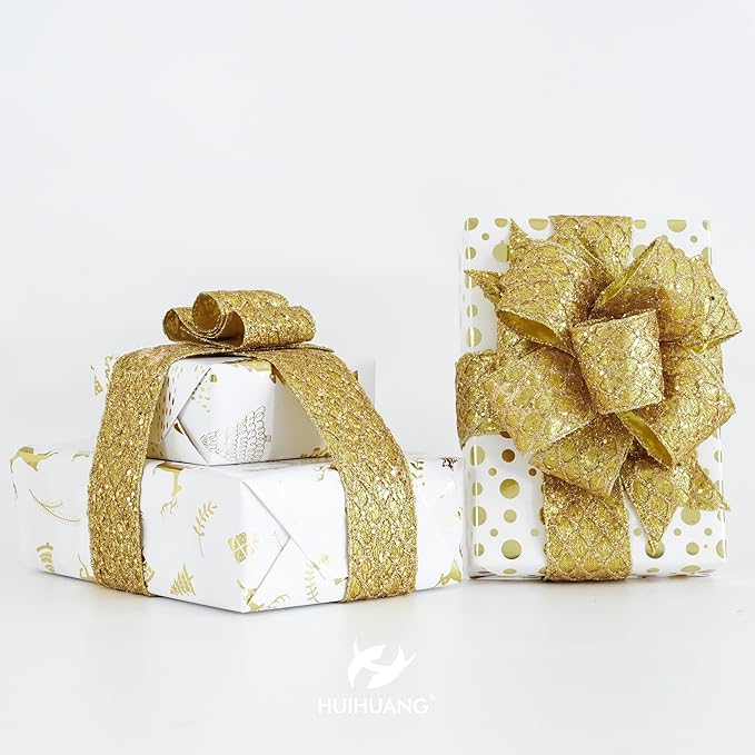 HUIHUANG Gold Glitter Wired Ribbon for Christmas Tree 2.5 inch Gold Diamond Mesh Ribbon for Tree Decoration, Wreaths, Garland, Gift Wrapping, Large Bows Making, Home Decor -10 Yards