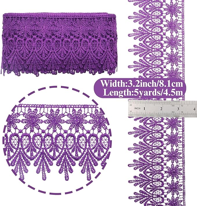 GXTIZAS Purple Lace Trim 5 Yards Wide Venise Lace Ribbon Embroidered Edge Trim for Sewing Crafts Pillow Case