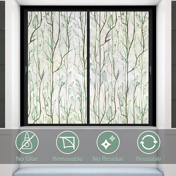 Donox Frosted Glass Window Film Heat Control UV Blocking, Static Cling Reusable Home Bathroom Door Window Privacy Film, Green Leaf Pattern Window Covering with Installation Tool, 23.6 in x 6.5 feet