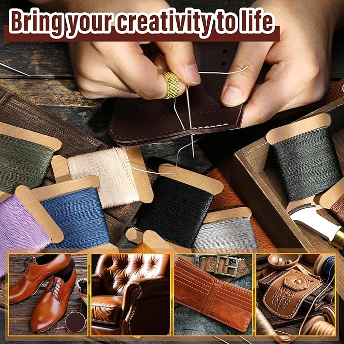 Upholstery Repair Kit, Thread Repair Sewing Kit and Upholstery Needle, 3 Colors 0.55mm Waxed Thread with 8 Pcs Heavy Duty Leather Needles for Hand Stitching, Canvas & Quilting