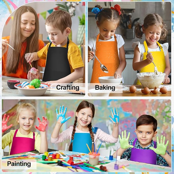 PLULON 10 Pcs Kids Apron Set Adjustable Children Art Aprons with 2 Pockets Artist Apron Bulk for Baking Painting Cooking Activity - 10 Colors