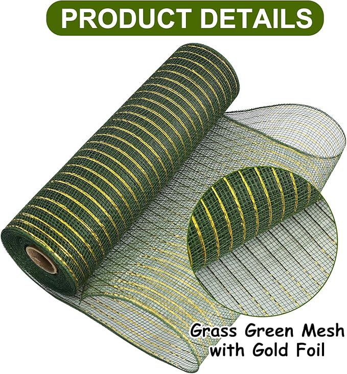 TONIFUL 2 Rolls 10 Inch Sage Green Decorative Mesh Ribbbon Rolls, Fabric Mesh with Foil for Wreath Supplies, Front Door Wreath Crafts Tree Decor Christmas NewYears Halloween Decoration (10 yds/roll)