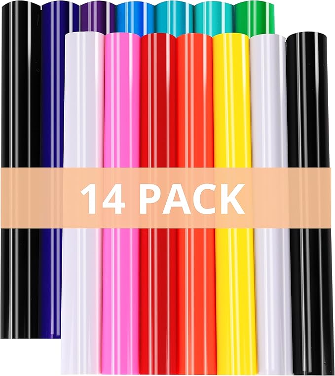 HTVRONT Permanent Vinyl for Cutting Machine - 14 Pack Glossy Adhesive Vinyl, 12" X 12" Permanent Bundle for Craft Projects, Adhesive Sheets Compatible with Cricut Cutting Machine, Silhouette Cameo