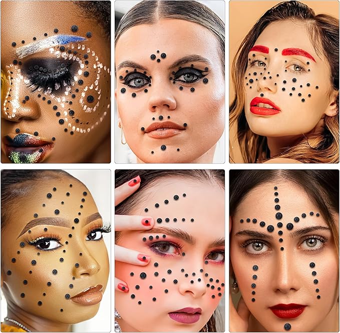 Self Adhesive Face Gems and Pearls for Makeup, Festival Jewels, Hair Gems Pearls, 3/4/5/6/8 mm Round Rhinestone Stickers for Face, Eye, Makeup, Body, Crafts 591Pcs (13_Black)