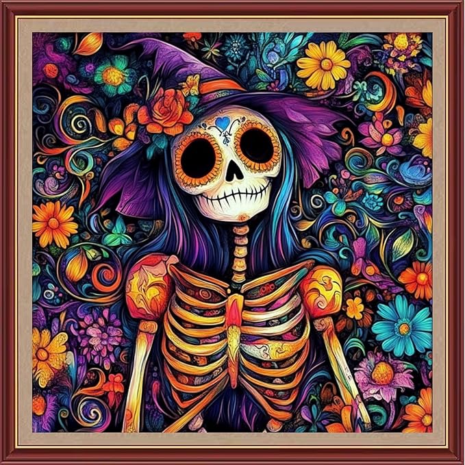DMCXART Counted Cross Stitch Kits for Adults Needlepoint Kits Unprinted Cross Stitching Embroidery Kit 11CT Cross Stitch Supplies-Magical Flower Skull 18x18 inch