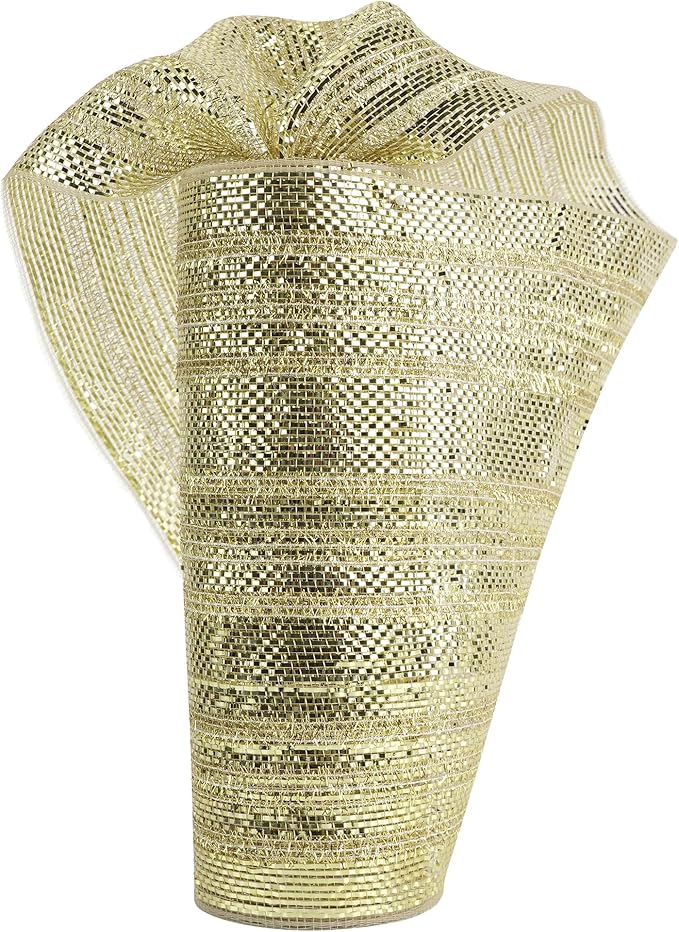 MEEDEE Champagne Deco Mesh 10 Inch Deluxe Wide Foil Metallic Mesh with Gold Tinsel Champagne Gold Mesh Ribbon for Christmas Tree, Wreaths, Garland, Gift Wrapping, Bows Making (30 Feet)