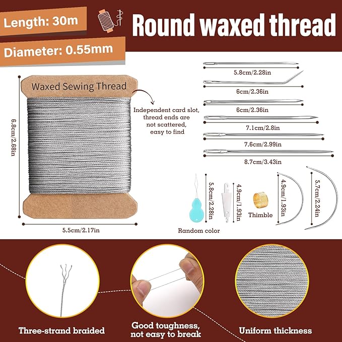 Repair Sewing Kit, Upholstery Needle and Thread Kit with 32 Yard Waxed Thread and 8 Pcs Heavy Duty Leather Needles for Hand Stitching, Canvas & Quilting - 0.55mm Round Waxed Cord Gray