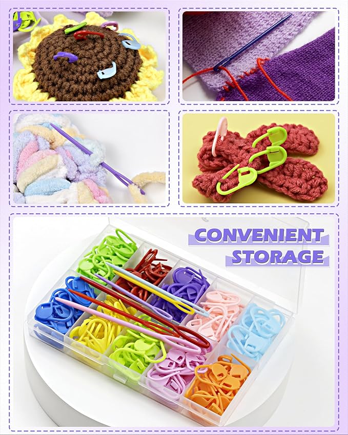 FIVEIZERO 200 Pcs Stitch Markers 10 Color Knitting Markers Crochet Hook and Needle Clip, Sewing Needles with Plastic Eyelets, Colorful Crochet and Needle Markers for DIY and Craft Sewing