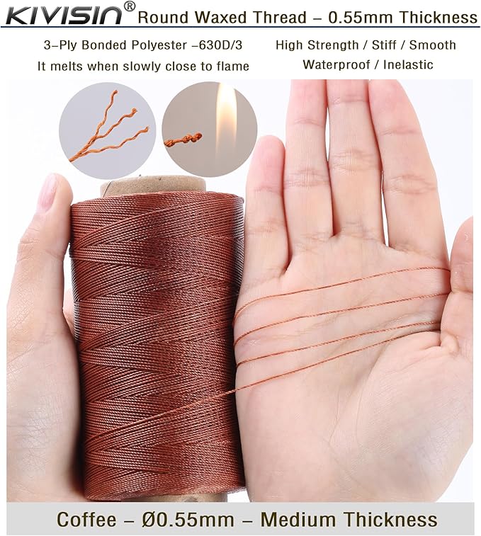 Sturdy Bonded Waxed Polyester Thread, 0.55mm, 437 Yards Wax String Cord - Coffee for Leather, Hand Sewing, Stitching, Beading, Bookbinding, Bracelets and Macrame Jewelry Making