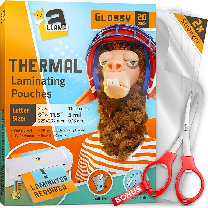 Thermal Laminating Pouches, 9 x 11.5 Inches, 5 Mil Thick, 20 Pack, Suited for Letter Size Laminating Sheets 8.5 x 11