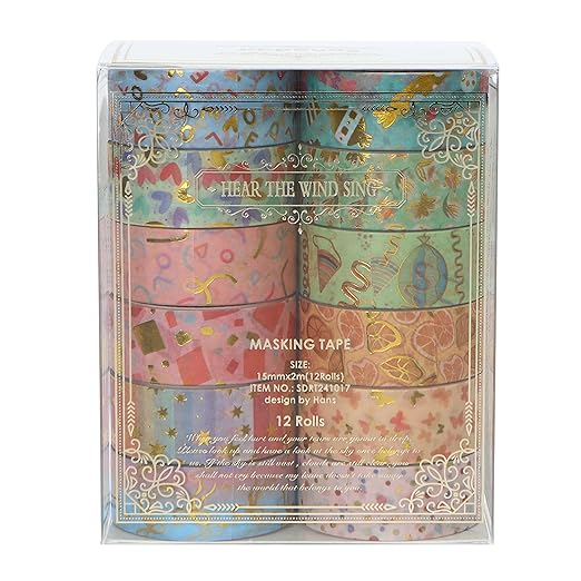 12 Rolls Charming Washi Tape Set Gold Silver Foil Detailing Arts Adhesive Tapes Basic Patterns Decorative Masking Tape Sets for Craft, Kids, Scrapbook, DIY, Gift Wrapping (Whimsical Pastels)