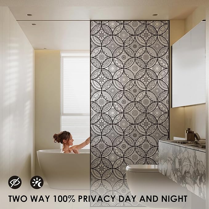 DKTIE Boho Stained Glass Look Window Privacy Film with Installation Tools, Decorative Frosted Glass Window Film Static Cling No Glue Removable, Pure Black, 17.7" x 78.7"