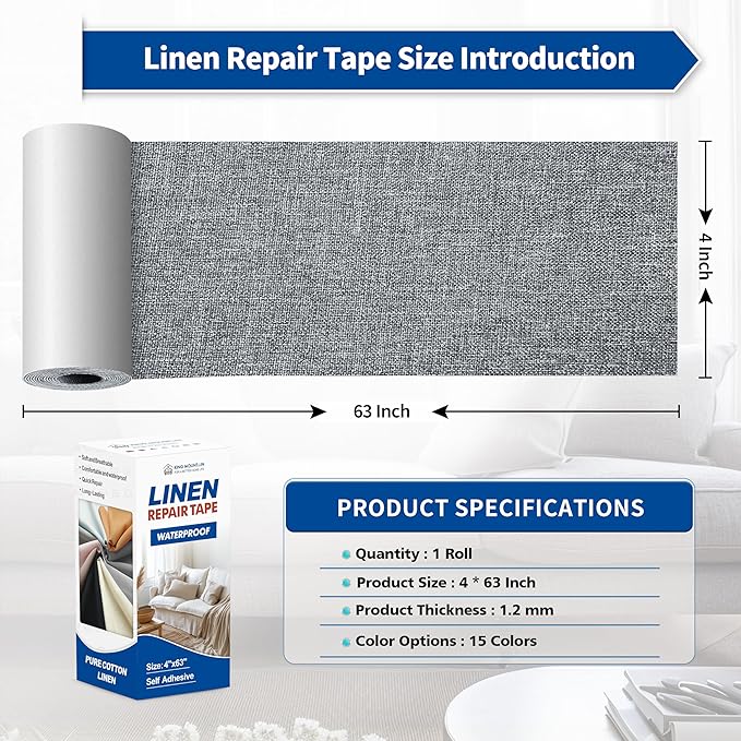 KING MOUNTAIN Linen Repair Patches, Self-Adhesive Linen Fabric Patches, 4 X 63 inch Extra Size, Multi Color, Can be Used for Linen Sofa Repair and Linen Clothes Repair (Charcoal Grey1.0)