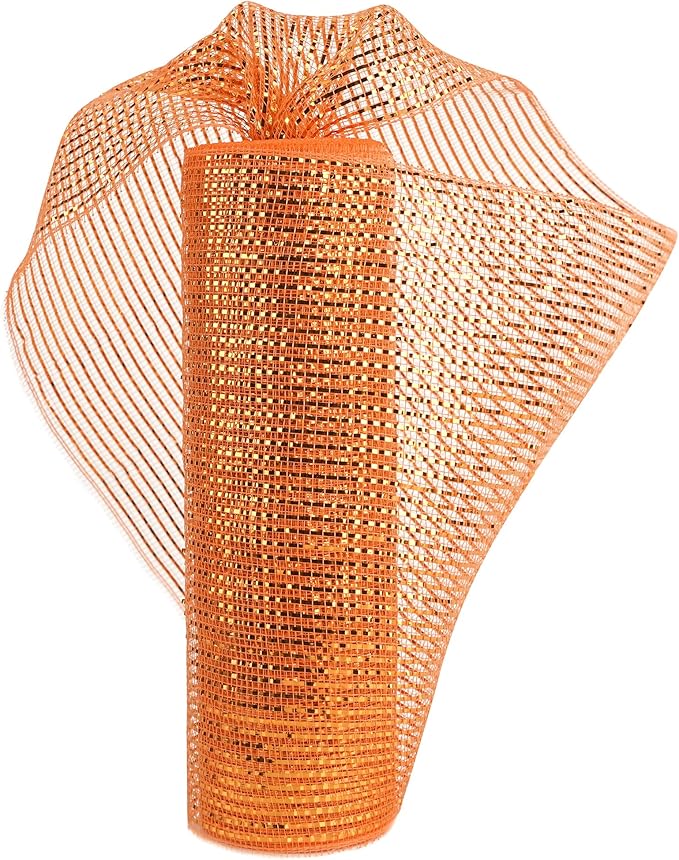 MEEDEE Orange Deco Mesh 10 Inch Deluxe Wide Foil Fall Deco Mesh Metallic Mesh Fabric Halloween Mesh Ribbon for Wreaths, Garland, Christmas Tree, Gift Wrapping, Bows Making (30 Feet)