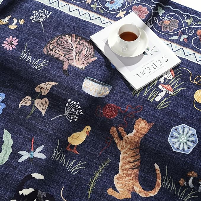Rugcomf Runner Rug for Kitchen Non Slip 2'6''x8' Washable Rugs with Rubber Backing Soft Floral Animal Cat Carpet Runner for Kitchen Laundry Bedroom Bathroom, Cobalt Blue