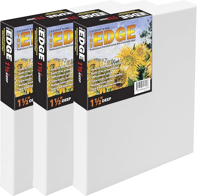 Creative Mark The Edge Deluxe Cotton 1-1/2" Deep Stretched Canvas for Painting, 36x36 Pack of 3, 14oz. Primed Weight, Universal Archival Priming, Medium Tooth, Hand-Stretched Canvas for Painters
