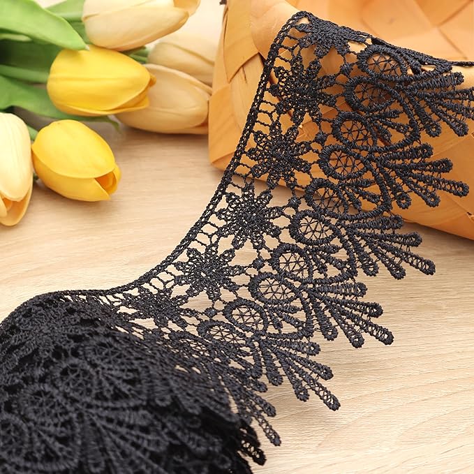 GXTIZAS Black Lace Trim 5 Yards Wide Venise Lace Ribbon Embroidered Edge Trim for Sewing Crafts Pillow Case