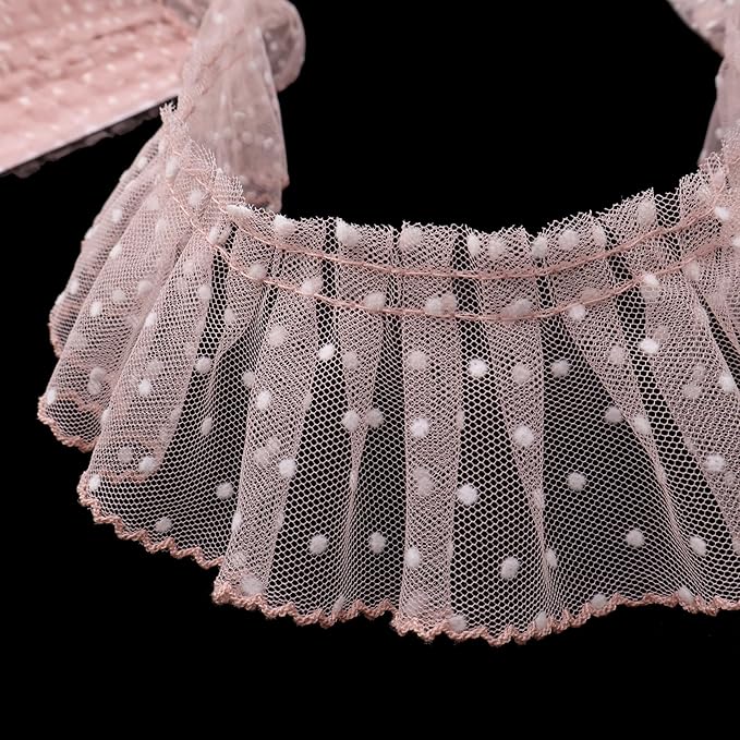Dots Lace Ruffle Trim for Sew, Crafts 2.4" x5yd Single Layer Pleated Edge Lace Ribbon (Shellpink)