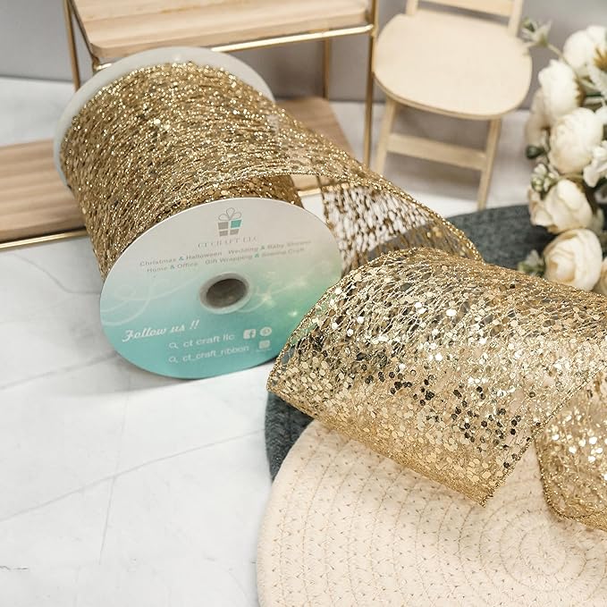 CT CRAFT LLC Sparkling Glitter Mesh Wired Ribbon 4" x 10 Yards Gold for Christmas Home Decor Bow Gift Wrapping DIY Crafts Wreath