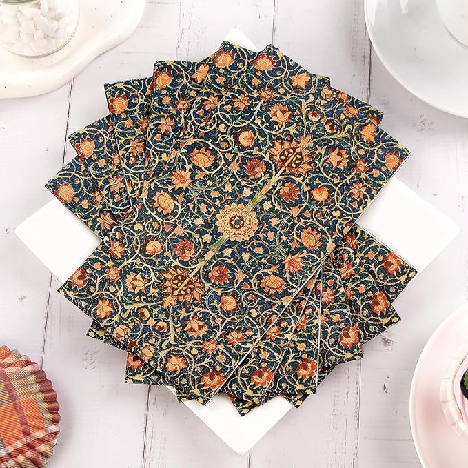 100 Pack William Morris Guest Napkins Vintage Floral Blue Paper Napkins Disposable Paper Hand Towels Dinner Baby Shower Party Supplies Decorative Napkins - 4.3 X 7.8 Inches