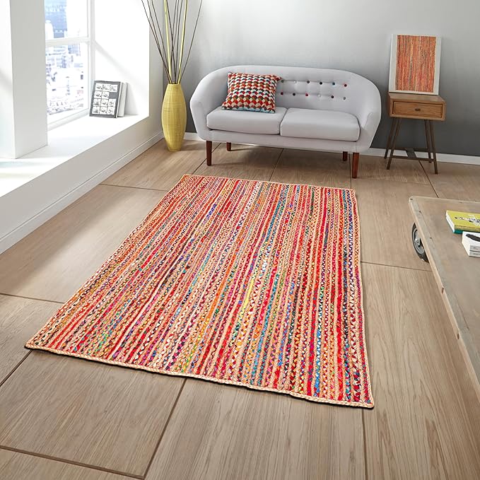 4'x6' Handwoven Jute Chindi Area Rug - Colorful Boho Rugs for Living Room - Hand Braided Multicolor Bohemian Rug for Farmhouse, Bedroom, Dining Room, Classroom, Hallway, Kitchen, Office