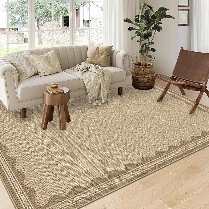 Scalloped Washable Area Rug, 6' x 9' Rectangular, Beige, Non Slip, Machine Washable, Indoor, Low Pile, Polyester, Solid, Tufted, Foldable, Stain Resistant, Shed Resistant