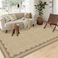 Scalloped Washable Rug 9x12 Area Rugs for Living Room, Solid Tan Rug for Bedroom Girls, Non Slip Throw Mat with Rubber Back, Soft Dorm Nursery 9x12 Carpet for Dining Room