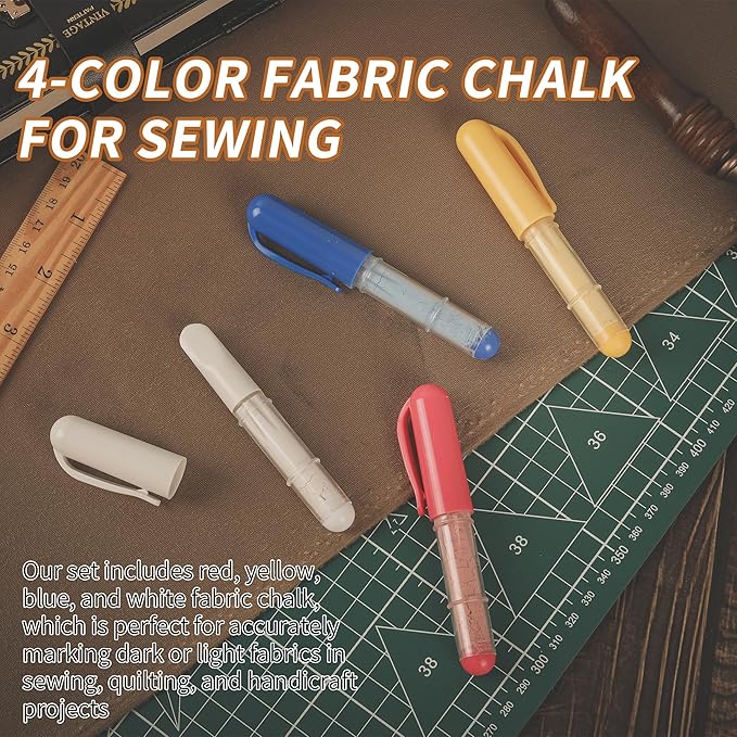 (2-pack) Fabric Chalk Markers -Erase Tailor’s Chalk for Quilting and Sewing - Compatible with Most Fabrics - With Dosing Wheel Technology, Red & White