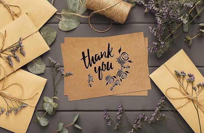 Thank You Cards With Envelopes - 160 Sets Premium Kraft Thank You Cards Bulk - TY Notes with 8 Graceful Designs - Floral Card for Celebration, Wedding, Baby & Bridal Shower 4x6
