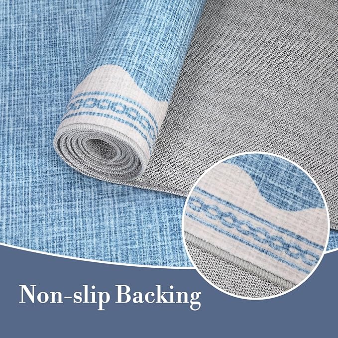 Scalloped Rug 2x6 Runners for Hallways, Solid Blue Runner Rug Non Slip Scalloped Bath Runner, Washable Rugs for Bedroom Girls, Rugs for Kitchen Floor Soft Dorm Nursery Carpet for Bedside