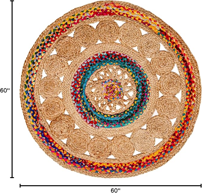 5' Round Handwoven Jute Chindi Area Rug - Colorful Boho Rugs for Living Room - Hand Braided Multicolor Bohemian Rug for Farmhouse, Bedroom, Dining Room, Classroom, Hallway, Kitchen, Office