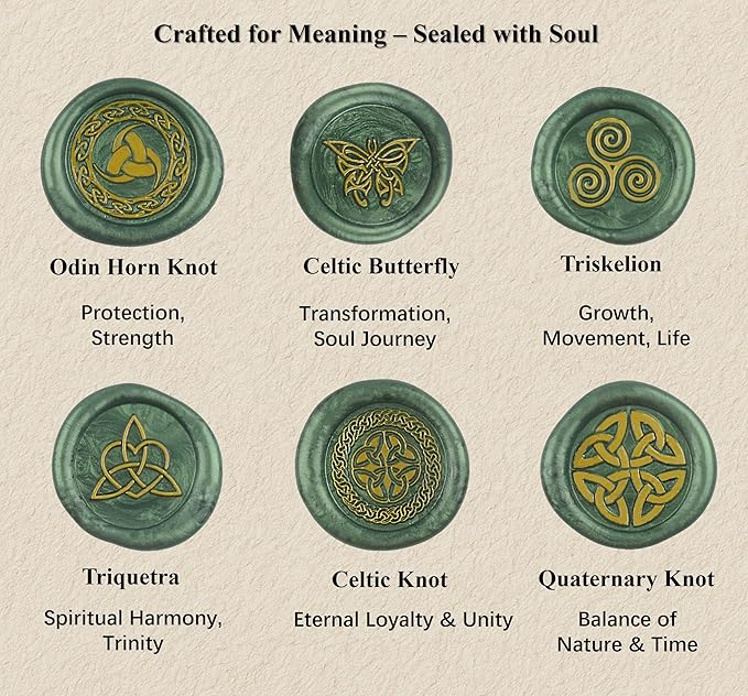 Celtic Knot Seal Wax Stamp with 6 Patterns Removable Brass Head + 1 Wood Handle, Represent Eternal Faith, Friendship, Love and Loyalty