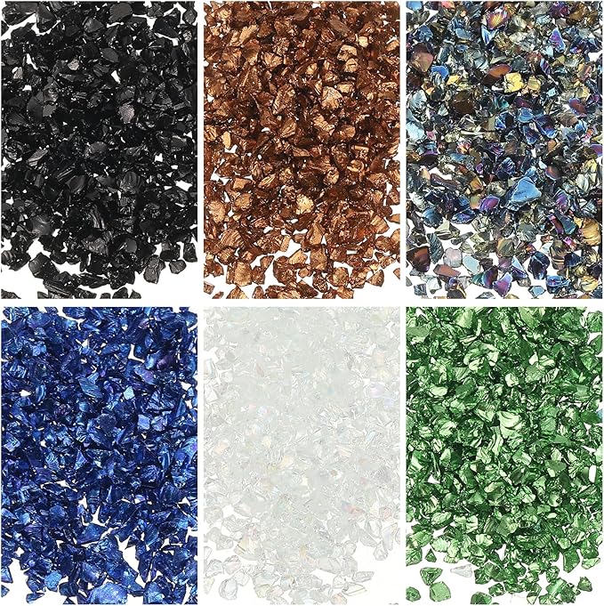 uxcell 6 Colors Crushed Glass Chips, 1-3mm Irregular Glitter Metallic Glass Broken Glasses Pieces with Laser Bag for Craft DIY Vase Epoxy Halloween Decoration 31g, Multicolored