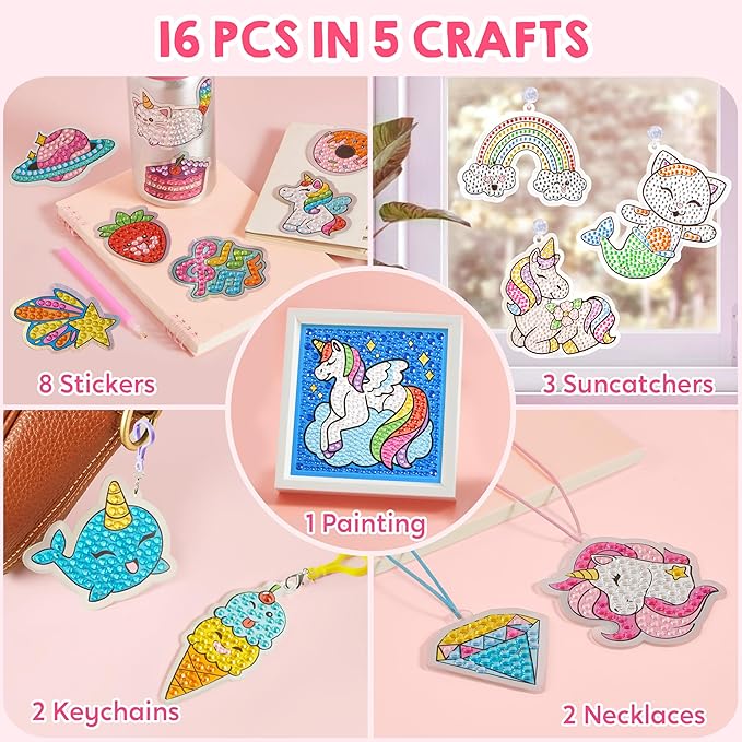 Klever Kits 16 Projects Gem Painting, Kids Diamond Gem Painting Kit with 5D Gem, Arts and Crafts for Girls Ages 6-12, Gem Craft Activities Kits, Premium Art Gift Ideas for Girls Ages 6, 7, 8+