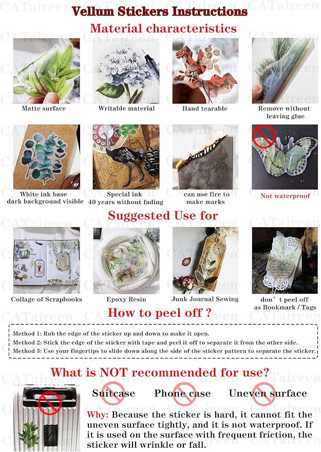 Vintage Vellum Stickers Floral Plants Elements Scrapbooking Supplies Flowers Botanic Natural Translucent Paper Self-Adhesive Junk-Journal Items (Tropical Plants)