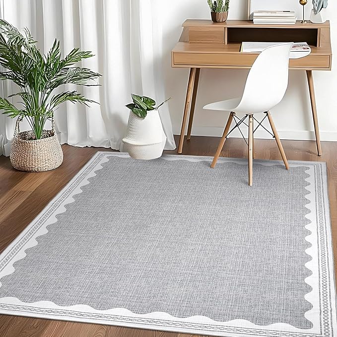 Scalloped Rug 4x6 Rugs for Entryway, Small Area Rugs Solid Grey Rug for Bedroom Girls, 4x6 Washable Rugs for Living Room, Non Slip Scalloped Bath Mat, Soft Dorm Nursery Carpet for Bedside