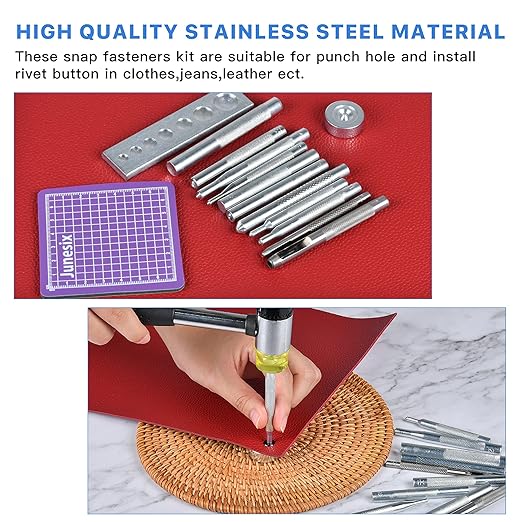 14Pcs Rivet Setter, Leather Die Punch Snap kit, Stainless Steel Rivet Setting Tool for Bag Making DIY Leather Crafts with Non Slip Base