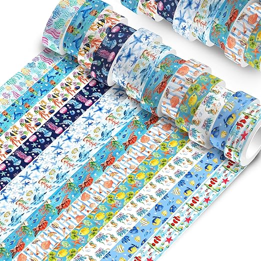 Ocean Washi Tape Set 12 Rolls,Decorative Tape Washi Tape,Tropical Style Sea Animals Ocean Party Decorative Tape Sticker for Scrapbook Journal DIY Art Crafts Gift Wrapping