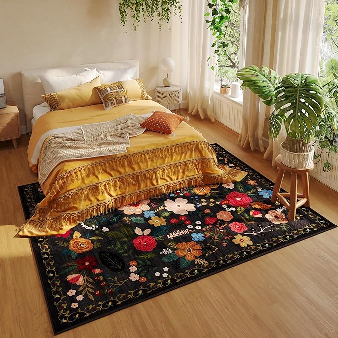 Rugcomf Living Room Rug 6x9 Rug Machine Washable Boho Area Rug Non Slip Floral Vintage Low Pile Large Rug for Living Room, Bedroom, Farmhouse, Dining Room, Kids Playroom(Black)