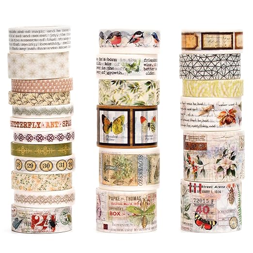 Vintage Washi Tape Set - 24 Rolls Arts Adhesive Tapes Assorted Retro Decorative Masking Tape Sets for Craft, Kids, Scrapbook, DIY, Gift Wrapping (4-Nature Journal)