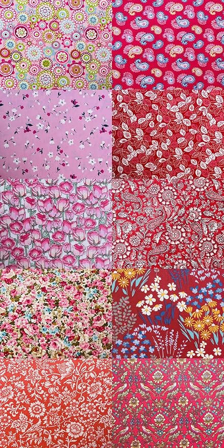 HANPATQUI 50PCS 12 x 12 inch Red Printed 100% Cotton Fat Quarters Fabric for Sewing and Quilting Bundles Precut Fabric Square for DIY Craft Patchwork