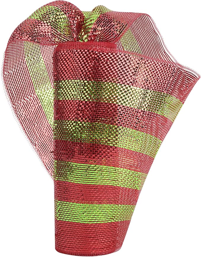 MEEDEE Red and Lime Deco Mesh 10 Inch Deluxe Foil Metallic Striped Deco Mesh Wreath Supplies Red and Green Christmas Mesh Ribbon for Christmas Tree, Garland, Gift Wrapping, Bows Making (30 Feet)