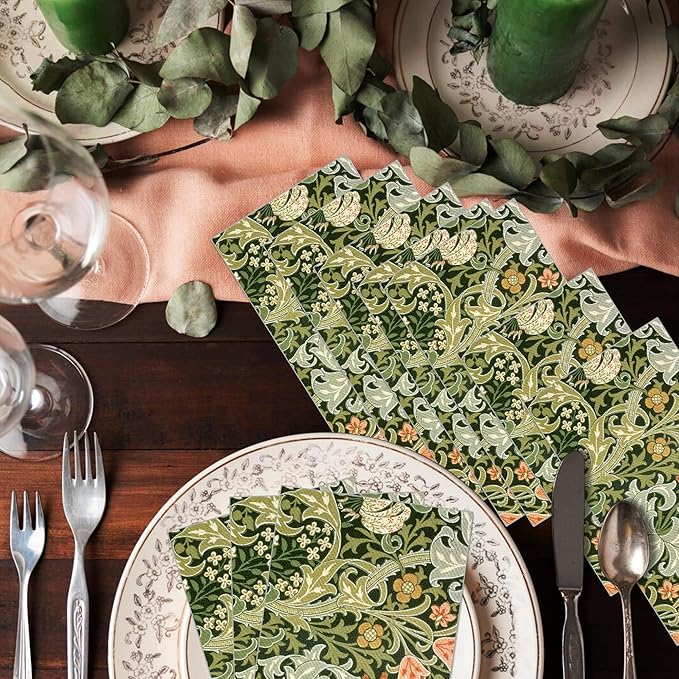 80PCS Vintage Floral Paper Napkins - 4.5x8 Inch Disposable Vintage Floral Guest Napkins, Green Retro Plants Wildflower Lunch Dinner Hand Napkins for Wedding,Tea Garden Party, Party, Bridal Shower