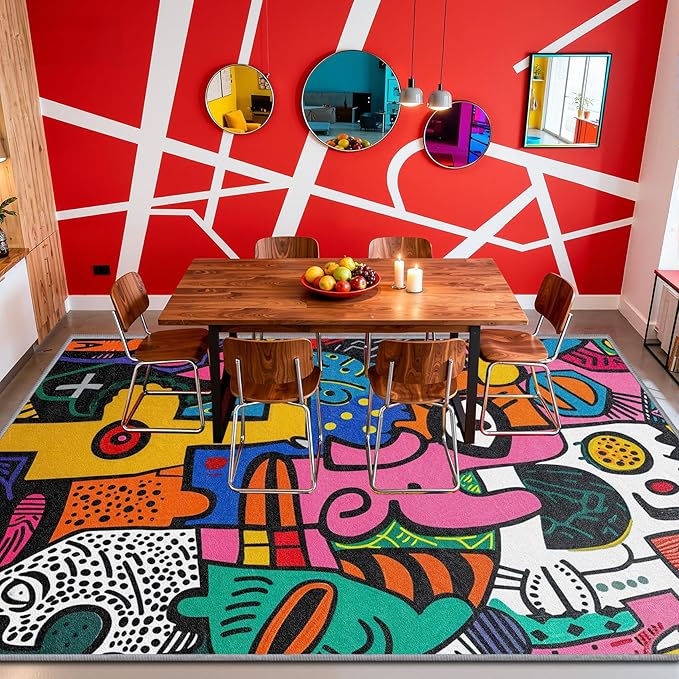 Abstract Rug 5x7-5x6 Rug - Abstract Rug - Colorful Pop Art Area Rug - Modern Geometric Graffiti Rugs - Multicolor Artistic Carpet - Home Decor