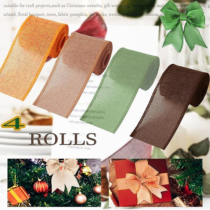Burlap Ribbon Rolls, Wrapping Burlap Ribbon Natural Orange Brown Olive Green Jute, for Christmas Crafts Decoration Wedding Floral Bows Trims Craft 13.2 Yards 2.4 Inch