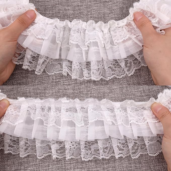 White Ruffle Lace Trim Elastic Trim for Bridal Wedding Decoration Sewing and Crafts (AIETSYEI)