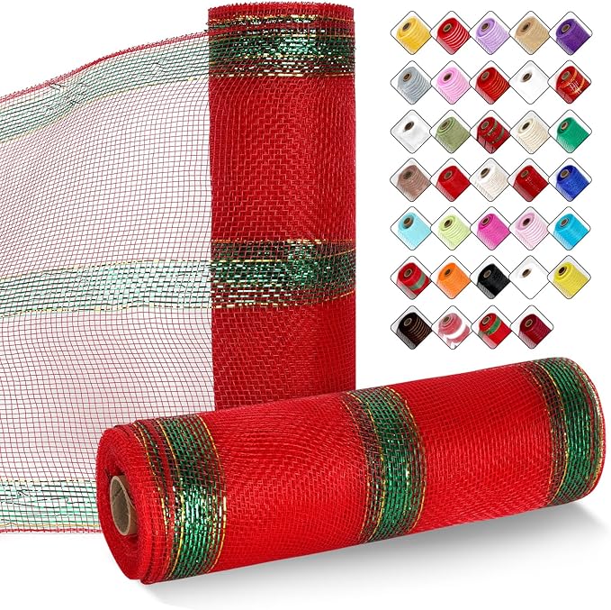 2 Rolls Mesh Ribbon for Wreaths 10 Inch x 30 Foot Wreath Mesh Rolls with Metallic Foil for Easter Christmas Party Wedding Home Decor DIY Craft Projects and Gift Wrapping (Red/Green)