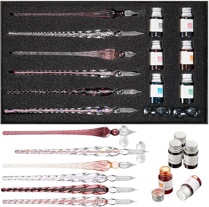 Zonon Glass Dipped Pen Ink Set 14 Pcs Include 6 Pcs Glass Dip Pen, 6 Colorful India Ink and 2 Holder Crystal Signature Calligraphy for Art, Writing, Signatures, Gift (Purple Pink Color System)