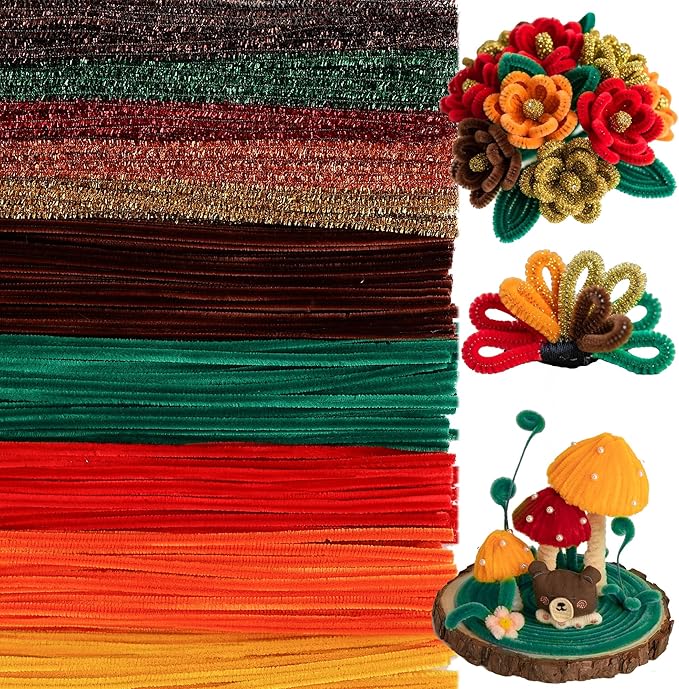 Caydo 500 Pieces Autumn Color Pipe Cleaners, Thanksgiving Day Orange Brown Chenille Stems, Pipe Cleaner Crafts for DIY Art and Craft Projects Creative Gift Party Decorations